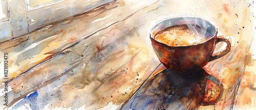 Watercolor painting of a steaming coffee cup on a wooden table by the window, capturing morning tranquility.