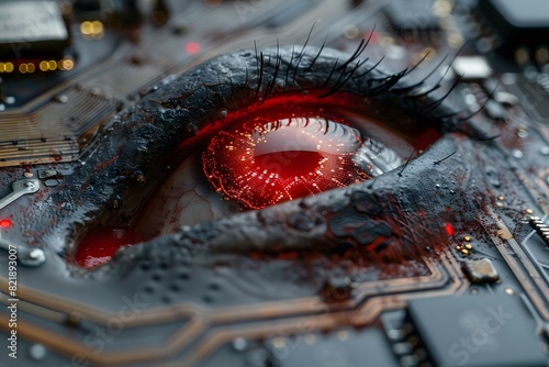 Futuristic Technology Concept Featuring a Digital Eye Integrated with Circuit Board Elements for Sci-Fi Themes