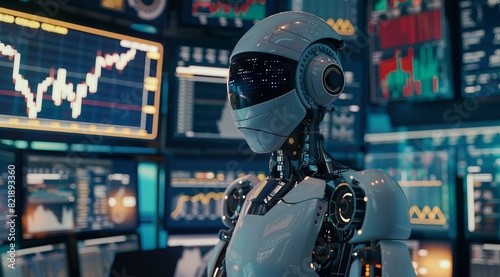 Advanced AI Robot Analyzing Data on Multiple Monitors