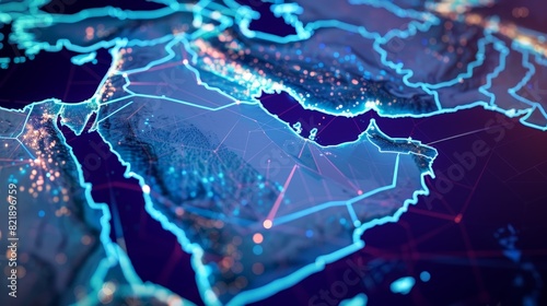 This abstract map of Saudi Arabia and the MENA region encapsulates the essence of global network and connectivity. It signifies the roles of data transfer, cyber technology
