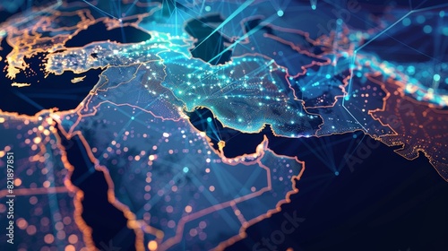 This abstract map of Saudi Arabia and the MENA region encapsulates the essence of global network and connectivity. It signifies the roles of data transfer, cyber technology