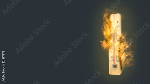 High temperature weather on summer seasons. Image of burned thermometer isolated over dark background.