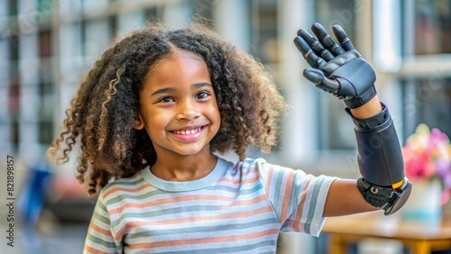 Smiling black kid girl satisfied with artificial limb. High tech prosthetic arm. Lifestyle of child people with disabilities.