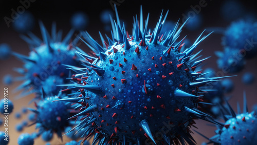 A blue spiky ball with red spots on it.