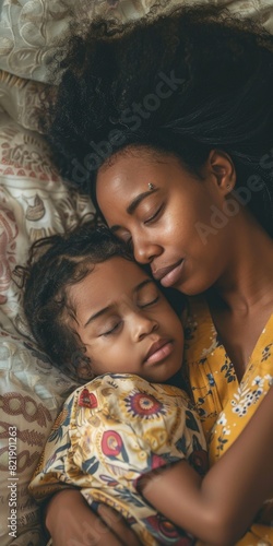 Tired Black Woman. Mother and Sleeping Child Bonding in Comfortable Home