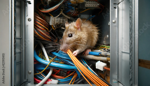 Rat chewing electrical and internet optical cables causing damage and creating a need for pest control services