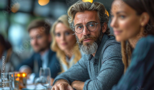 Middle age male sitting at table in cafe with colleagues