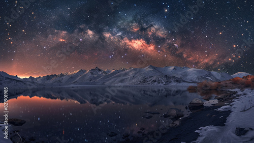 Milky Way above frozen sea coast and snow covered mountains in winter at night. Landscape with blue starry sky, water, ice, snowy rocks, milky way.generative AI