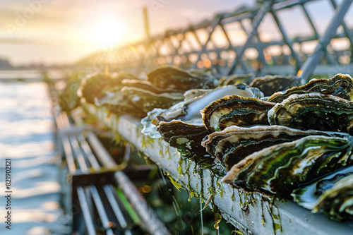 Harvesting fresh oysters in aquaculture farm, sustainable seafood practices.