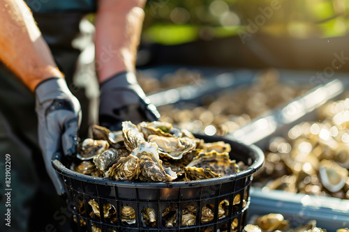 Harvesting fresh oysters in aquaculture farm, sustainable seafood practices.