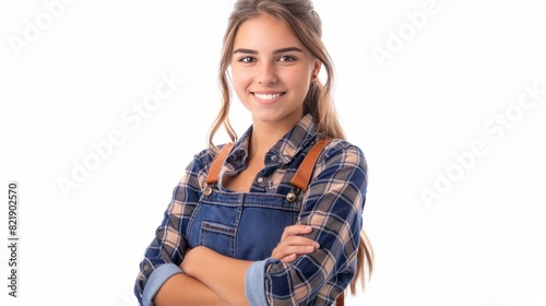 Smiling Young Woman In A Plaid Shirt And Denim Dungarees