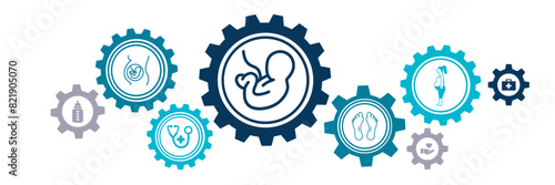 Obstetrics / gynecology vector illustration. Concept with icons related to prenatal diagnostic medical exam, pregnancy & maternity health care, childbirth / delivery preparation, midwifery.