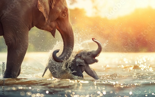 An Elephant Shower in the Wild Captured in Stunning Detail, Showcasing the Majestic Animal Enjoying a Refreshing Bath in Its Natural Habitat During a Safari Adventure