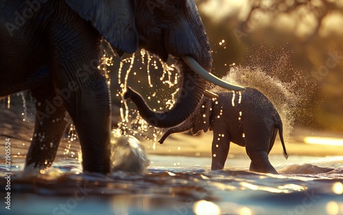 An Elephant Shower in the Wild Captured in Stunning Detail, Showcasing the Majestic Animal Enjoying a Refreshing Bath in Its Natural Habitat During a Safari Adventure