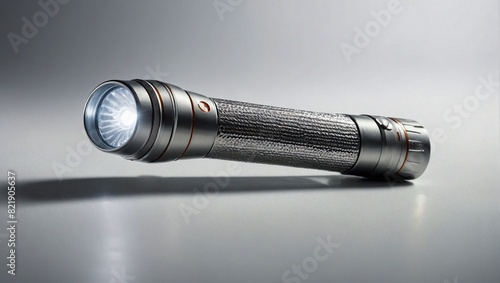 a modern torch on a white surface, emphasizing its sleek design and bright light, creating a compelling visual narrative. 