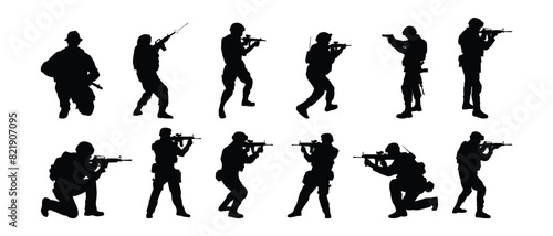 set of Soldier silhouette vector on white background, military people
