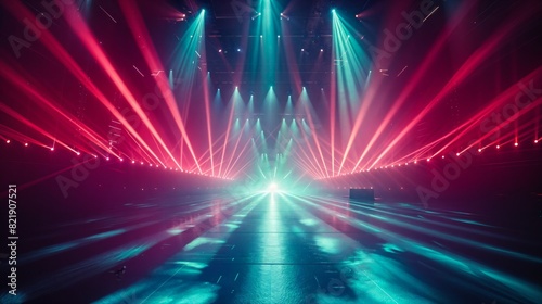vibrant and energetic concert stage lighting. Intense beams of red, blue, green, and purple colors create intricate patterns, casting dramatic shadows and illuminating the stage with excitement