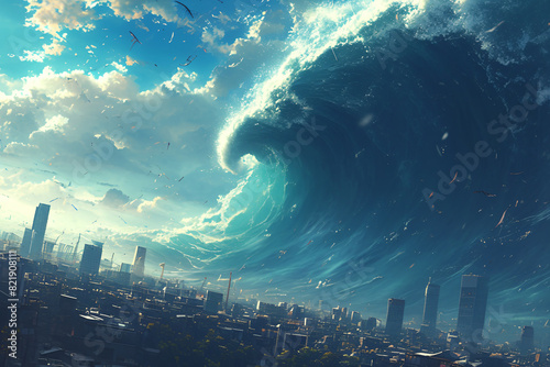 Huge tsunami wave destroying modern city. Great earthquake. Effect of global warming and climate change. Weather and dangerous natural disaster concept. Illustration for background, banner, wallpaper