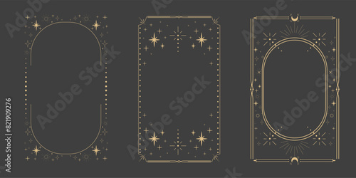 Golden celestial minimal esoteric frame, thin line border, mystyc linear decoration with dots, moon, stars corners isolated on dark background. Geometric shape, tarrot 