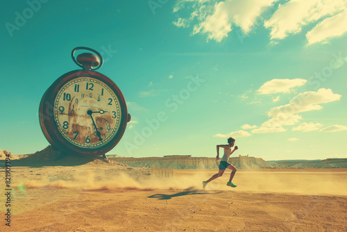 The runner runs to a giant watch in the desert Race against time, limited time, worklife balance, ageing 