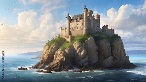 Historic Castle on a Cliff: Imagine a majestic historic castle perched on a cliff overlooking the sea. Detail the castle's imposing architecture, the dramatic cliffs, the crashing waves below, and the