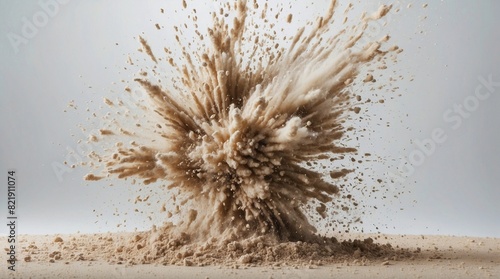 Golden sand explosion isolated on white background. Abstract sand cloud. Gold sand splash against on clear background. Sandy fly wave in the air.