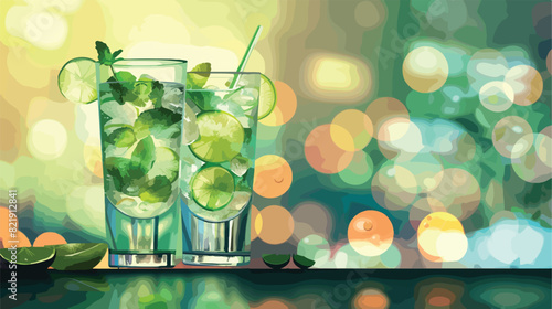 Glasses of cold mojito on table against blurred light