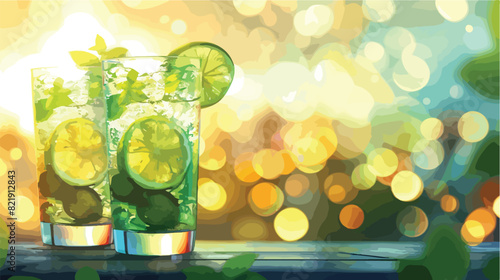 Glasses of cold mojito on table against blurred light