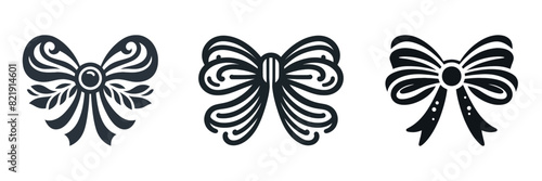 Vector illustration of three decorative bows in black and white. Each bow features intricate designs and patterns, showcasing different styles of elegance and detail.