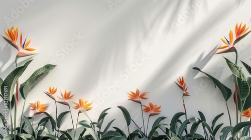 a white wall with shaddows of bird of paradise flowers on it. ultra realistic