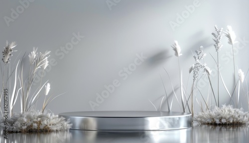 3d render of a silver podium with flowers and grasses on the sides