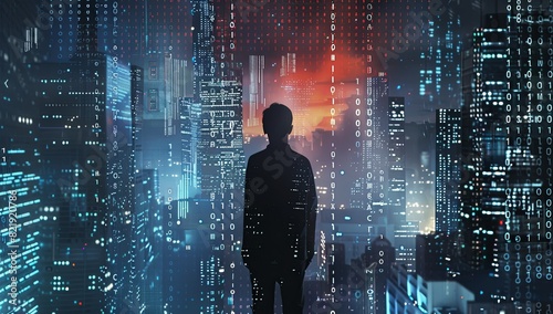A young man stands in the center of an abstract cityscape, surrounded by glowing digital code and binary numbers.