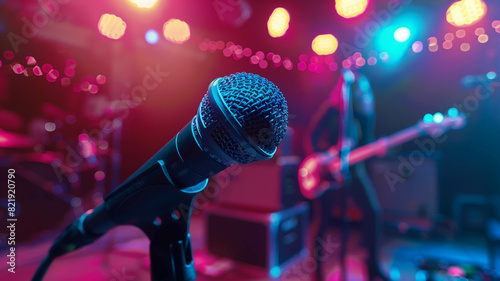 A microphone on a concert stage with an electric guitarist in the background, vibrant and energetic atmosphere. Ai generated
