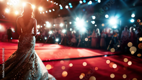 A red carpet rolling out in front of a glamorous movie premiere background, elegant evening gowns, bright lights, and flashing cameras. Ai generated