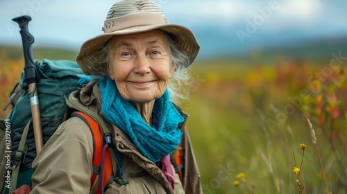 Elderly woman enjoying an active lifestyle, walking in nature with a smile. She is sporting a backpack and hat, embodying outdoor activity, health, and happiness