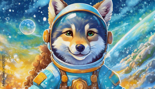 oil painting style cartoon character Wolf space marine with a predatory look in an astronaut costume, 