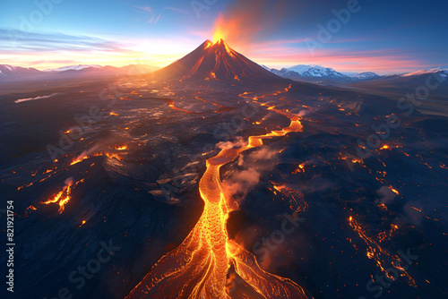 Volcanic eruption process. Landscape of volcano with exploding and flowing lava and magma. Hot volcanic magma eruption and exploding with smoke infernal. Natural disaster concept