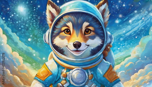 oil painting style cartoon character Wolf space marine with a predatory look in an astronaut costume, 