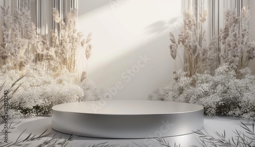 aesthetic 3d render of a silver podium with flowers and grasses on the sides