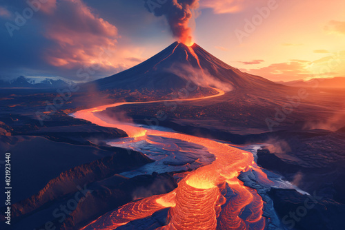 Volcanic eruption process. Landscape of volcano with exploding and flowing lava and magma. Hot volcanic magma eruption and exploding with smoke infernal. Natural disaster concept