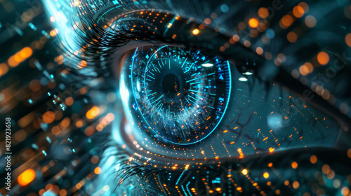 Cybernetic eye scanning digital network, symbolizing AI's role in cybersecurity threat detection.