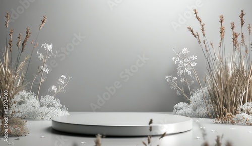 minimalist 3d render of a silver podium with flowers and grasses on the sides
