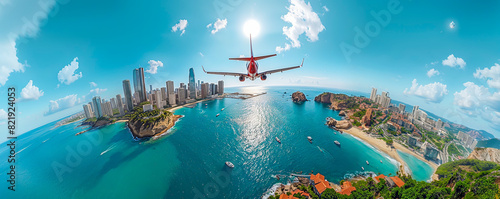 vu de dos, un avion en train de voler bas au dessus de la mer, effet fish eye, vacances