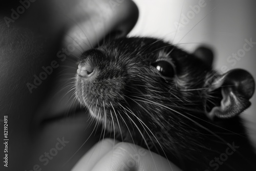 A black and white close-up of a woman nuzzling her pet rat, showcasing an intimate moment of affection and companionship.