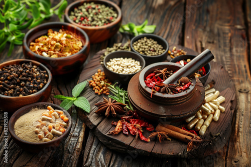 Traditional Chinese medicine with herbs and spices on a brown wooden background, mortar and pestle, for medicine advertising 