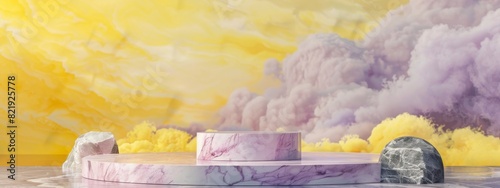 3d render of a marble podium with colorful clouds background