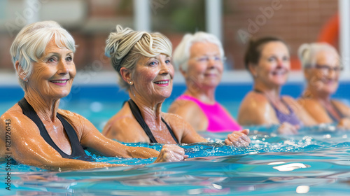 Senior women enjoying an aquatic fitness class in a swimming pool