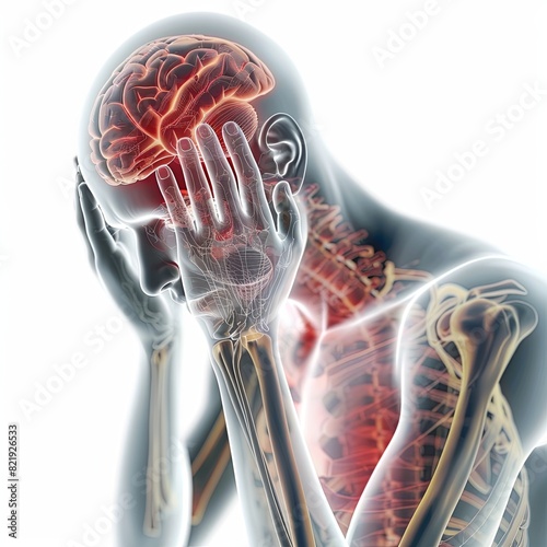 transparent people have a head ache. inflammation showing bone and light on his hurt. white background.