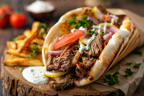 Traditional Greek gyros with meat, vegetables and sauce 