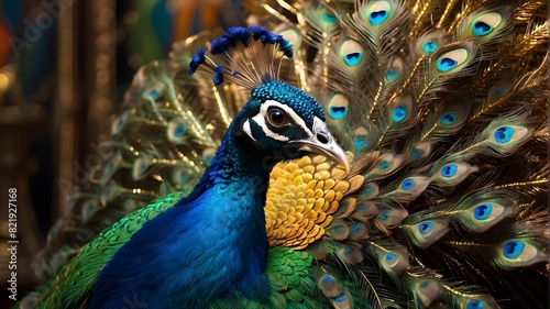A Majestic Peacock with Vibrant Feathers: Create a close-up image of a peacock displaying its brilliant feathers in a spectrum of colors, including emerald greens, sapphire blues, and golden yellows.